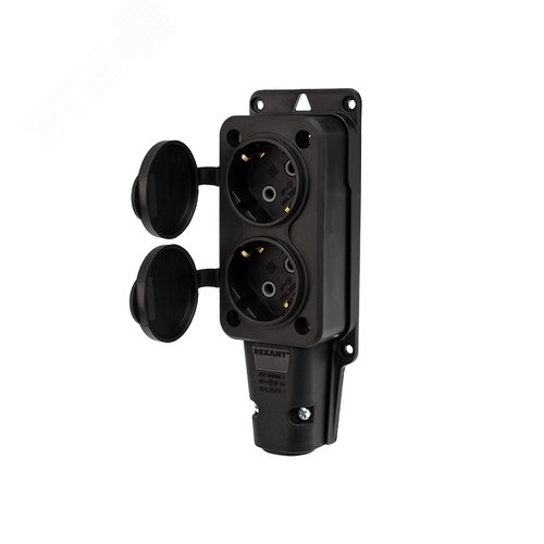 Розетка (колодка) каучук двойная 16А, IP54 с заземлением черная