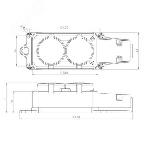 Розетка (колодка) каучук двойная 16А, IP54 с заземлением черная