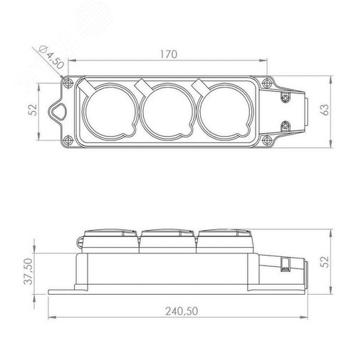 Розетка (колодка) каучук тройная 16А с заземлением IP54 черная