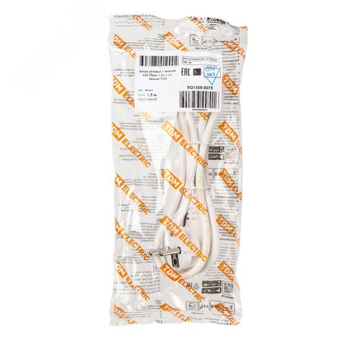 Шнур сетевой с вилкой ПВС 3x075мм 15м с/з белый TDM