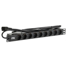 ITK PDU 9 розеток DIN49440 (нем. станд.) 1U, шнур 2м вилка IEC 320 C14, алюминиевый профиль, черный