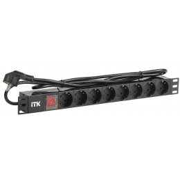 ITK PDU 8 розеток DIN49440 (нем. станд.) с LED выключателем, 1U, шнур 2м вилка DIN49441 (нем. станд.), профиль из ПВХ, черный