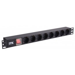 ITK PDU 8 розеток нем. стандарт, с LED выключателем, 1U, шнур 2м вилка нем. стандарт, алюминиевый профиль