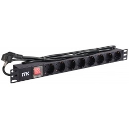 ITK PDU 8 розеток нем. стандарт, с LED выключателем, 1U, шнур 2м вилка нем. стандарт, алюминиевый профиль