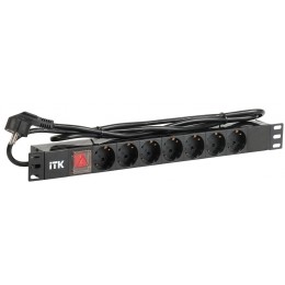 ITK PDU 7 розеток DIN49440 (нем. станд.) с LED выключателем, 1U, шнур 2м вилка DIN49441 (нем. станд.), профиль из ПВХ, черный