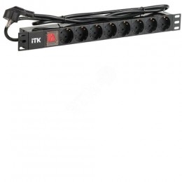 ITK PDU 8 розеток DIN49440 (нем. станд.) с LED выключателем, 1U, шнур 2м вилка DIN49441 (нем. станд.), профиль из ПВХ, черный