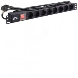 ITK PDU 8 розеток нем. стандарт, с LED выключателем, 1U, шнур 2м вилка нем. стандарт, алюминиевый профиль