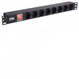 ITK PDU 8 розеток нем. стандарт, с LED выключателем,1U, без шнура, вх. C14, алюминиевый профиль