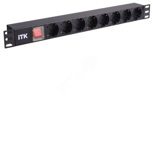 ITK PDU 8 розеток нем. стандарт, с LED выключателем,1U, без шнура, вх. C14, алюминиевый профиль