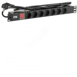 ITK PDU 7 розеток DIN49440 (нем. станд.) с LED выключателем, 1U, шнур 2м вилка DIN49441 (нем. станд.), профиль из ПВХ, черный