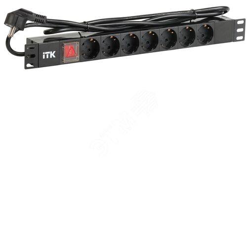 ITK PDU 7 розеток DIN49440 (нем. станд.) с LED выключателем, 1U, шнур 2м вилка DIN49441 (нем. станд.), профиль из ПВХ, черный