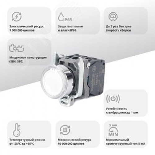 Кнопка SB4 с подсветкой в сборе модульная 22мм белая металл 24ВDC 1НО+1НЗ