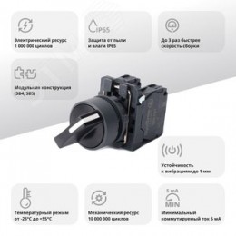 Переключатель SB5 в сборе модульный 22мм 3 позиции с фиксацией 2НО