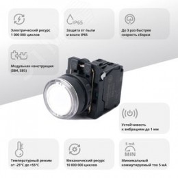 Кнопка SB5 с подсветкой в сборе модульная 22мм белая пластик 24ВDC 1НО