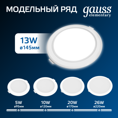 Светильник светодиодный ДВО 13 Вт 1000 лм 4000К AC 220В IP20 круг D145х26мм монт d120мм Пластик Elementary Gauss