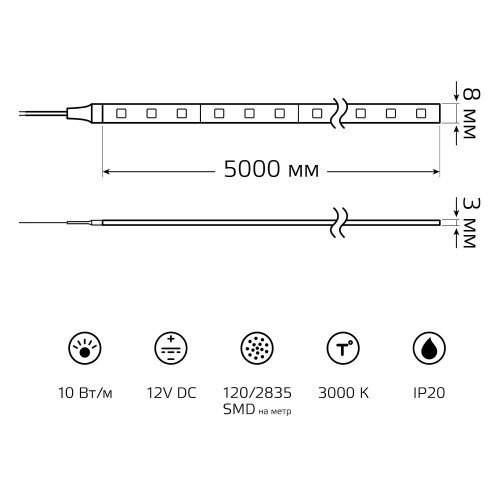 Лента светодиодная 10 Вт/м DC 12В 3000К IP20 120LED SMD2835 (блистер 5м) 700 лм/м Basic