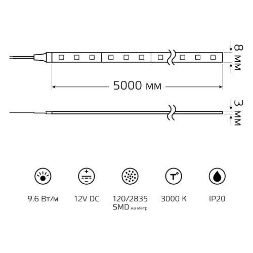 Лента светодиодная 9.6 Вт/м DC 12В 3000К IP20 120LED SMD2835 (блистер 5м) 624 лм/м Basic