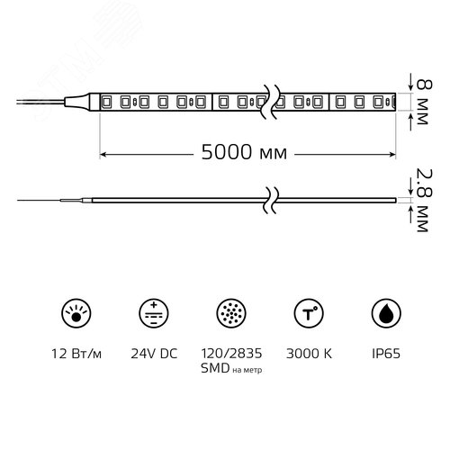Лента светодиодная 12 Вт/м DC 24В 3000К IP65 120LED SMD2835 1400 лм/м Black Gauss