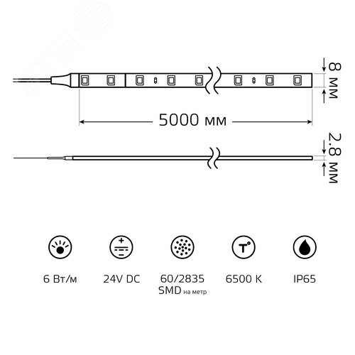 Лента светодиодная 6 Вт/м DC 24В 6500К IP65 60LED SMD2835 800 лм/м Black Gauss