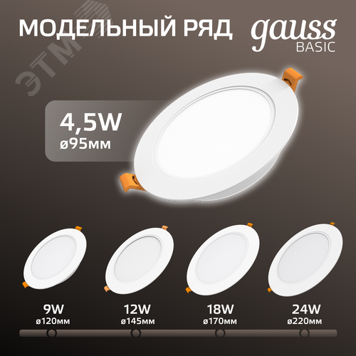Светильник светодиодный ДВО 4.5 Вт 300 лм 4000К AC 220В IP20 круг D95х26мм монт d75мм Пластик Basic