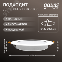 Светильник светодиодный ДВО 12 Вт 1000 лм 4000К AC 220В IP20 круг D145х26мм монт d120мм Пластик Basic