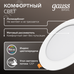 Светильник светодиодный ДВО 12 Вт 1000 лм 4000К AC 220В IP20 круг D145х26мм монт d120мм Пластик Basic