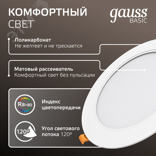 Светильник светодиодный ДВО 12 Вт 1000 лм 4000К AC 220В IP20 круг D145х26мм монт d120мм Пластик Basic