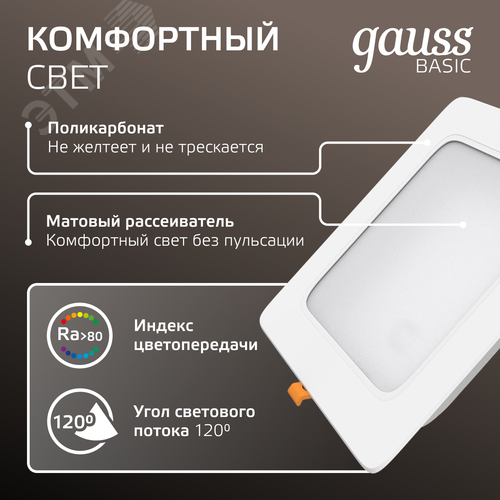 Светильник светодиодный ДВО 12 Вт 1000 лм 4000К AC 220В IP20 квадрат 145х145х26мм монт разм 120х120мм Пластик Basic