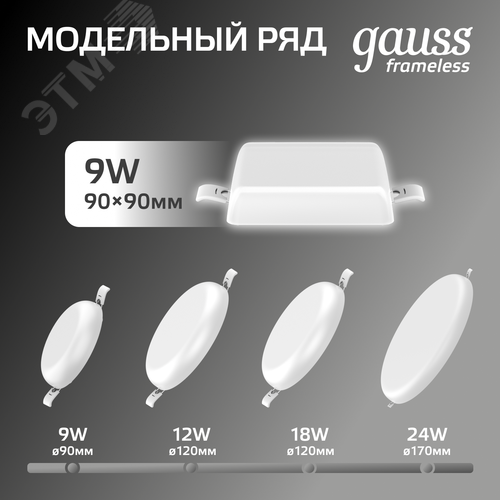 Светильник светодиодный ДВО 9 Вт 900 лм 4000К AC 220В IP20 квадрат 90х27х27мм монт разм 71х25мм Пластик безрамочный Frameless