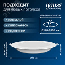 Светильник светодиодный ДВО 20 Вт 1700 лм 4000К AC 220В IP20 круг D170х26мм монт d140мм Пластик Elementary