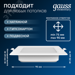 Светильник светодиодный ДВО 5.5 Вт 460 лм 4000К AC 220В IP20 квадрат 95х95х26мм монт разм 75х75мм Пластик Elementary
