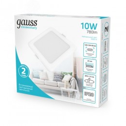 Светильник светодиодный ДВО 10 Вт 780 лм 4000К AC 220В IP20 квадрат 120х120х26мм монт разм 90х90мм Пластик Elementary