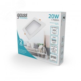 Светильник светодиодный ДВО 20 Вт 1700 лм 4000К AC 220В IP20 квадрат 170х170х26мм монт разм 140х140мм Пластик Elementary