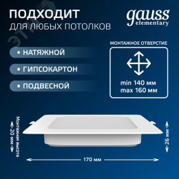 Светильник светодиодный ДВО 20 Вт 1700 лм 4000К AC 220В IP20 квадрат 170х170х26мм монт разм 140х140мм Пластик Elementary