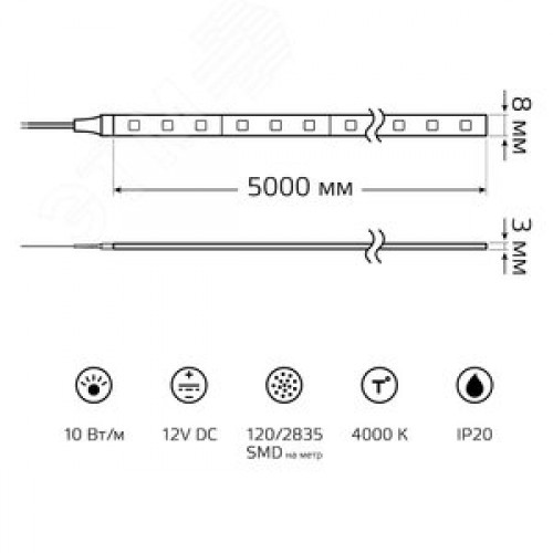 Лента светодиодная LED 2835/120-SMD 10 Вт/м 700 лм/м 4000К DC 12В IP20 8мм (блистер 5м) Basic