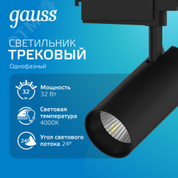 Светильник светодиодный трековый на шинопровод ДПО 32 Вт 2750 лм 4000К AC 220В Черный IP20 D180х220мм однофазный угол 24 грд Track