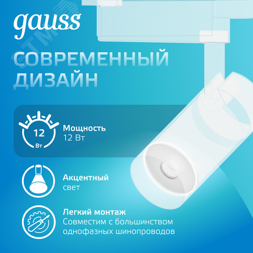 Светильник светодиодный трековый на шинопровод ДПО 12 Вт 1100 лм 4000К AC 220В Белый IP20 D100х185мм однофазный угол 36 грд Track