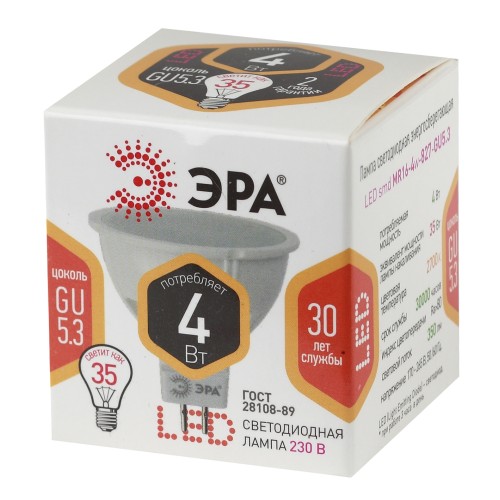 Лампа светодиодная LED 4 Вт 320Лм 2700К софит теплый GU5.3 170-265В LED MR16-4W-827-GU5.3 Standart