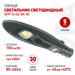 Светильник светодиодный уличный консольный ДКУ 60 Вт 5000К 9000Лм IP65 КСС Ш 85-265В IC-COB 48-60мм 5 лет SPP-5-60-5K-W