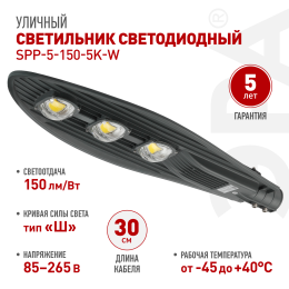 Светильник светодиодный уличный консольный ДКУ 150Вт 5000К IP65 22500Лм КСС Ш IC-COB 48-60мм SPP-5-150-5K-W