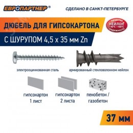 Дюбель для двойного гипсокартона PBAМ 14х39 с шурупом (50шт)