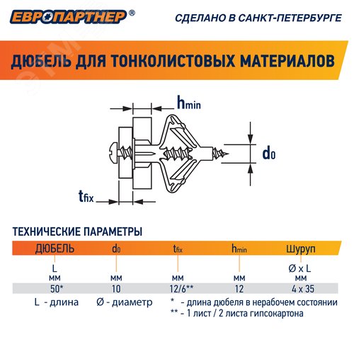 Дюбель для гипсокартона бабочка PLA 10х50 с шурупом (60шт)