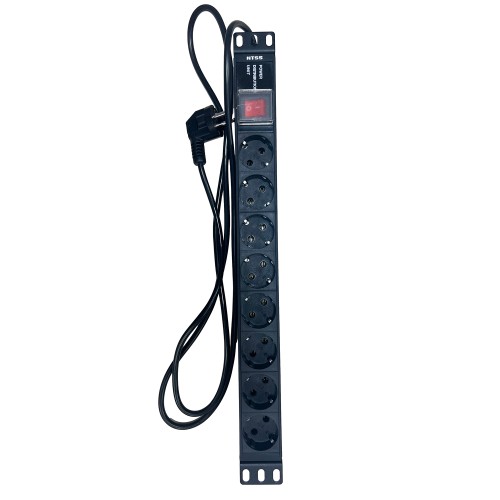 Блок розеток NTSS, 19, 1U, алюминий, 1ф16A, 3.7кВт, (8) Schuko CEE 7/7, выкл. с подсв.и крыш., 1.8м каб., вил. Schuko