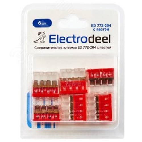 Клемма соединительная  4-контактная с пастой Elеctrodeel ED 772-204-b6, сечение 0,5-2,5 мм2,  24А/450В (упаковка 6 штук)