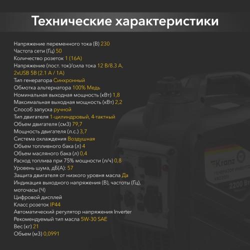 Генератор инверторный KR2200I 2,2кВт 230 4л закрытый корпус, ручной старт