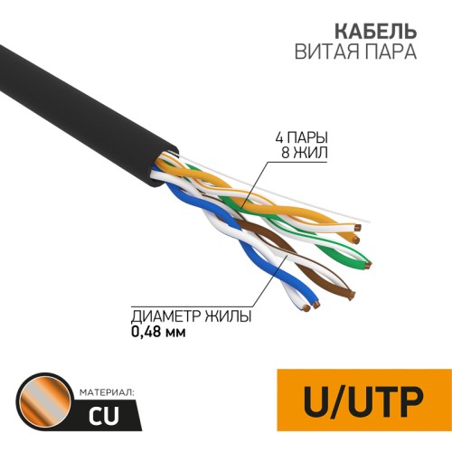 Витая пара U/UTP 4PR 24AWG CAT5e PE OUT черный 305м
