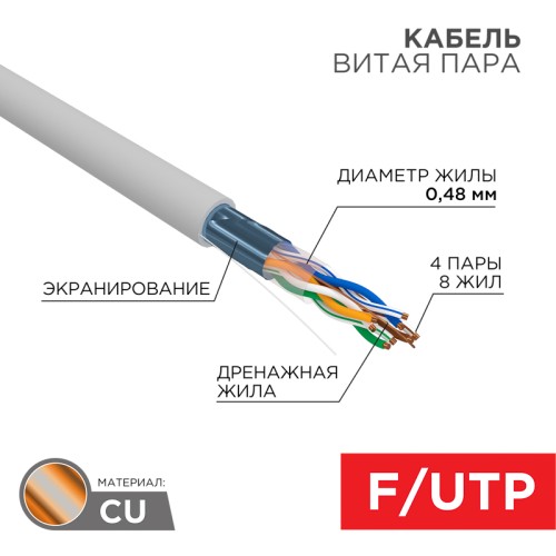 Витая пара F/UTP 4PR 24AWG CAT5е SOLID PVC IN серый 305 м