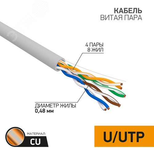 Витая пара U/UTP 4PR 24AWG SOLID CAT 5e PVC IN серый 305м