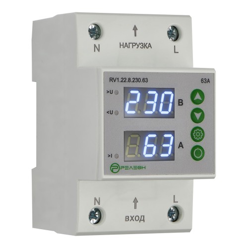 Реле контроля напряжения и тока с разрывом фазы и нейтрали L+N (230B AC) 63A