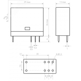 Миниатюрное промежуточное реле, 2 перекидных контакта 5А, 230В AC